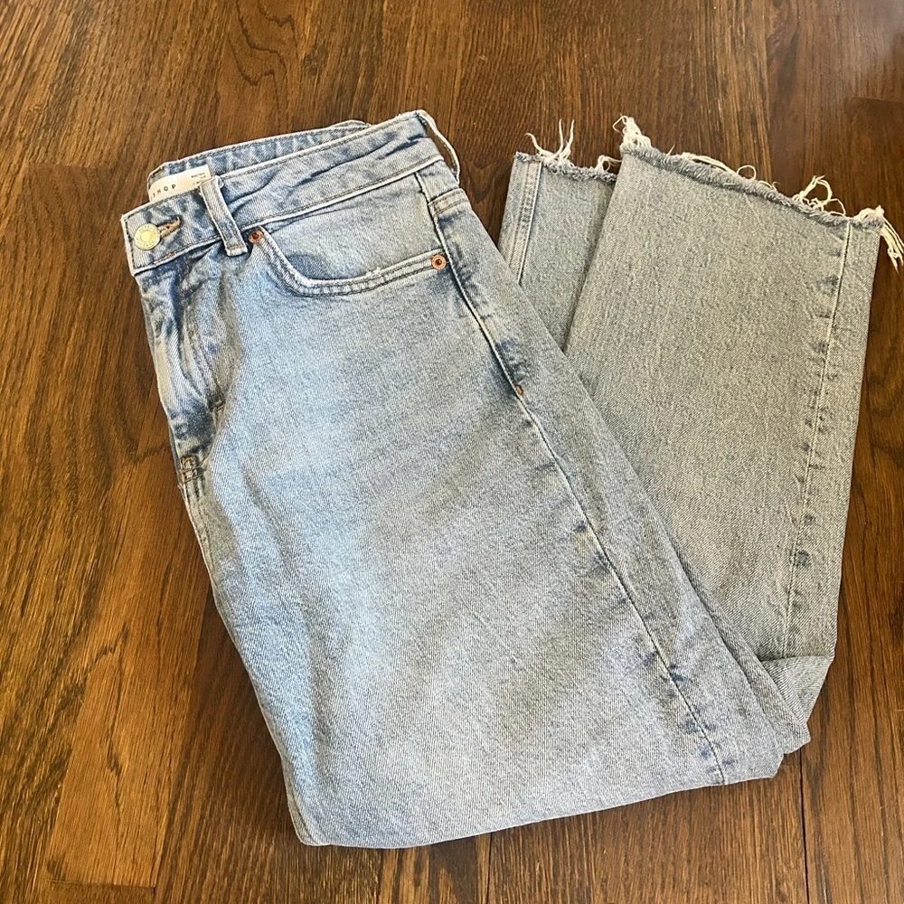 Topshop Jeans Denim Straight Leg Raw Frayed Hem Light Acid Wash - Picture 7 of 8